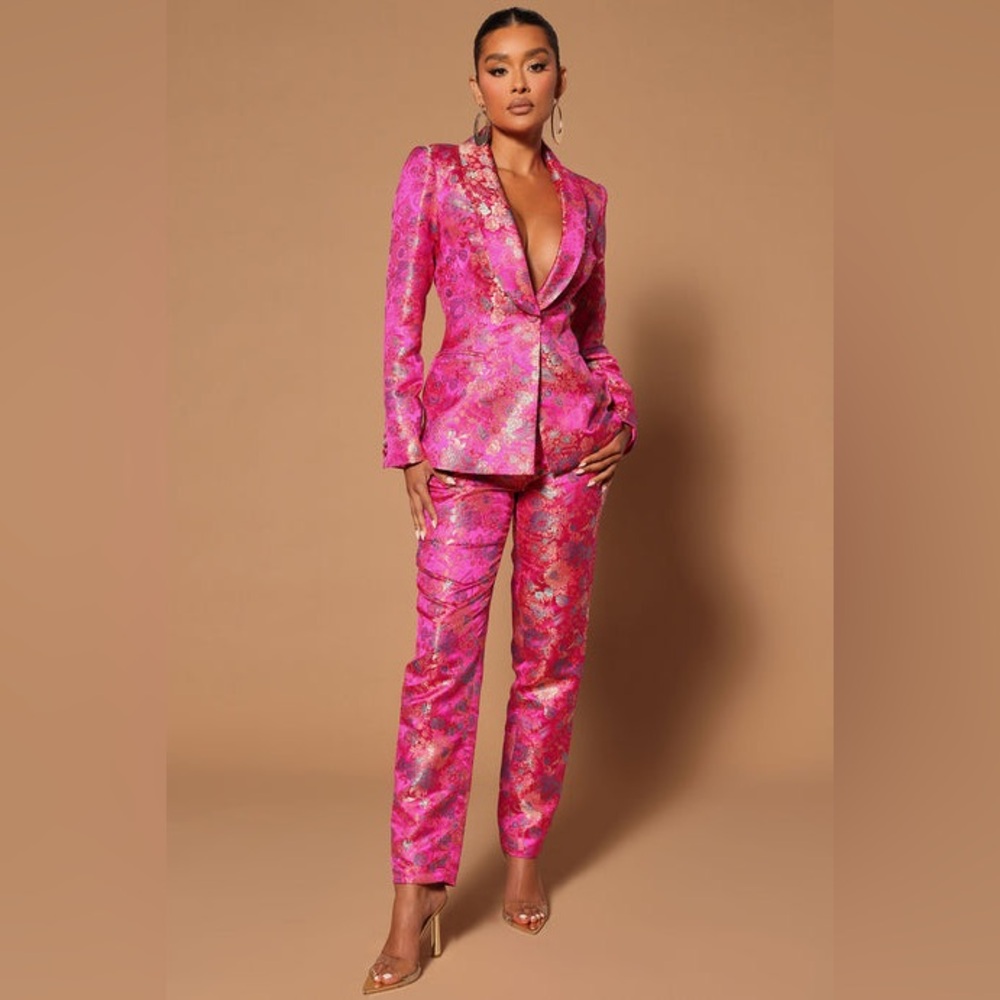 Fashion Nova Pink Metallic Brocade Pantsuit